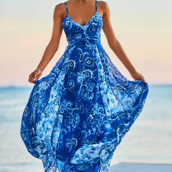 WHBM $200 Mixed Print Chiffon Maxi Dress Paisley Bali Blue 4 - Picture 4 of 10